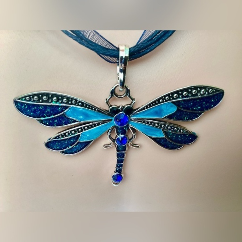 New! Beautiful Blue Turquoise Silver Dragonfly Dragon Fly Ribbon Necklace